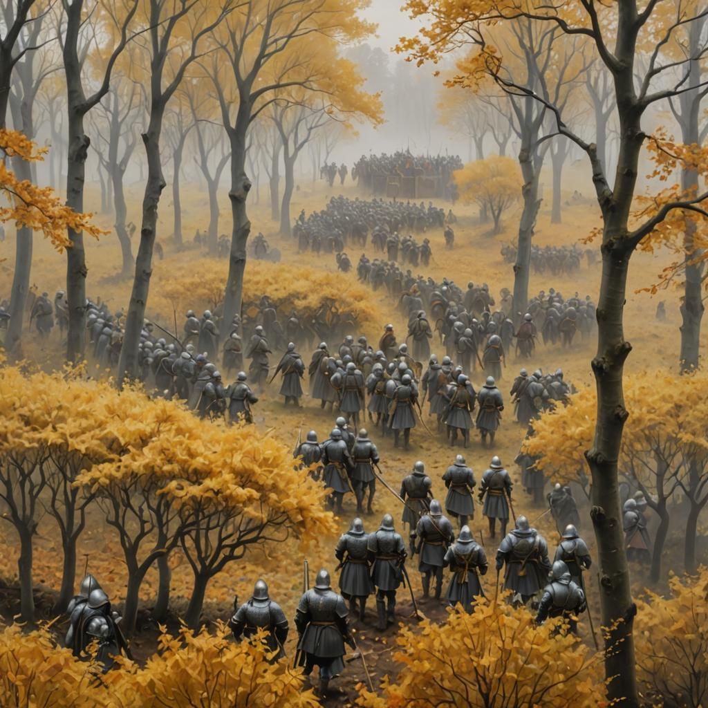 Medieval Army Emerges from Autumn Mist
