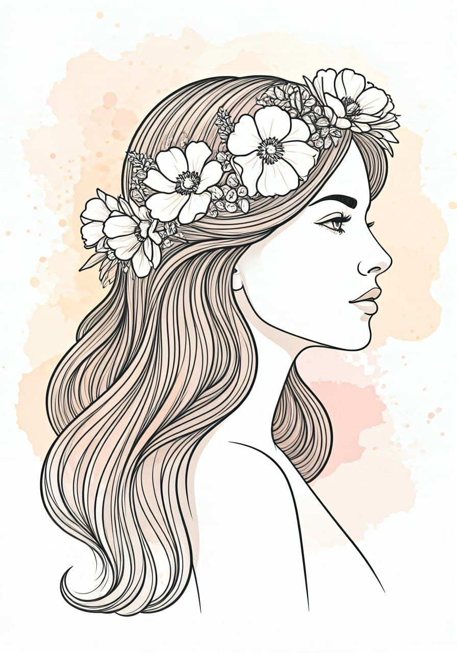 Woman in Floral Crown, Watercolor Style