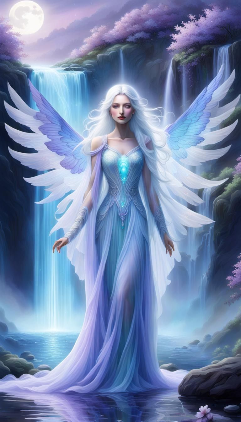 Luminescent Angel at Shimmering Waterfall
