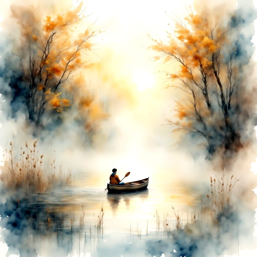Canoe on Misty Lake: Antique Watercolor Painting