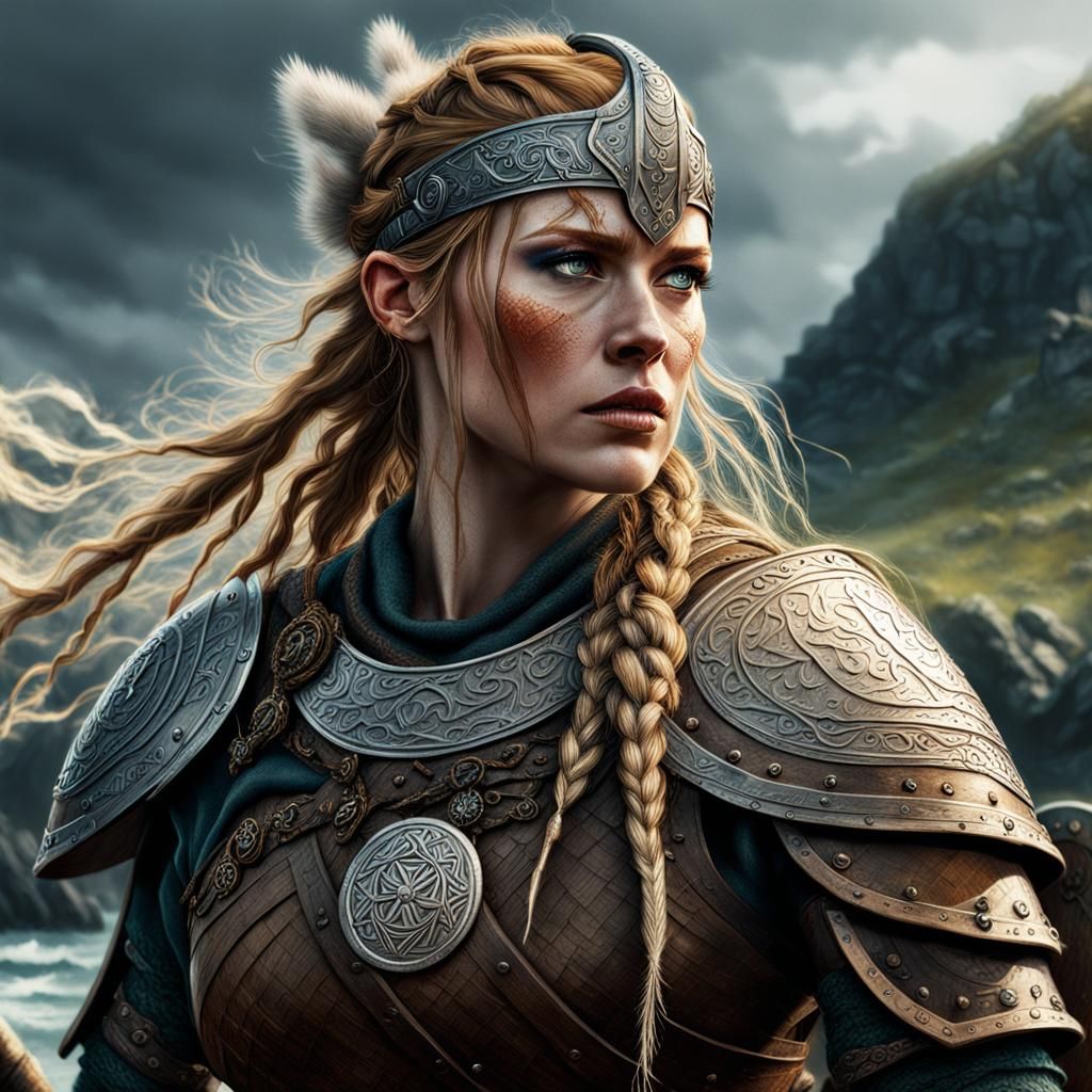 Viking Shieldmaiden Freydis: Hyperrealistic Splash Art Portr...