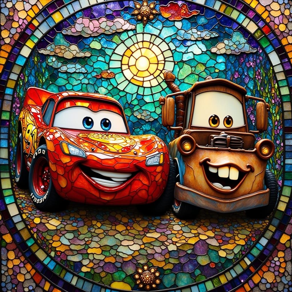 Lightning McQueen and Mater Mosaic in Pixar Style