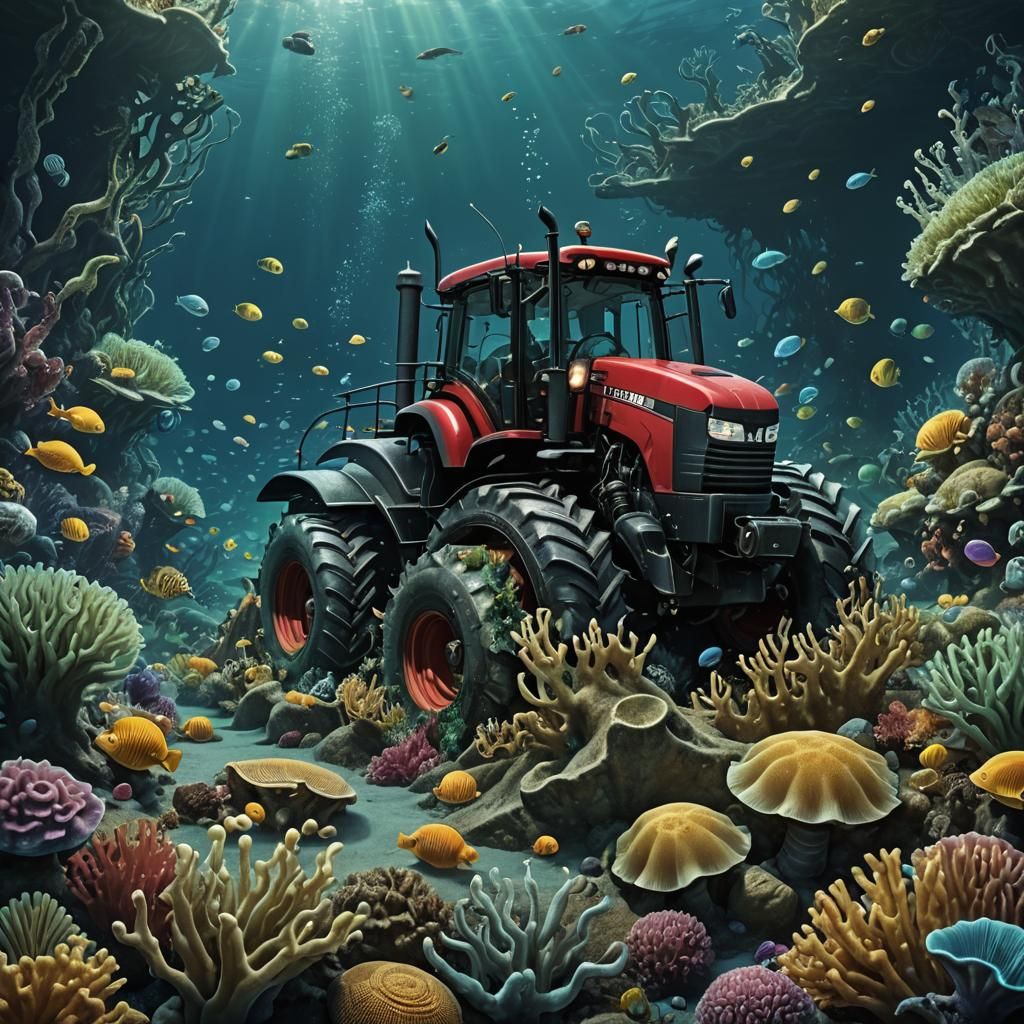 Tractor on Ocean Floor in Matte Painting Style