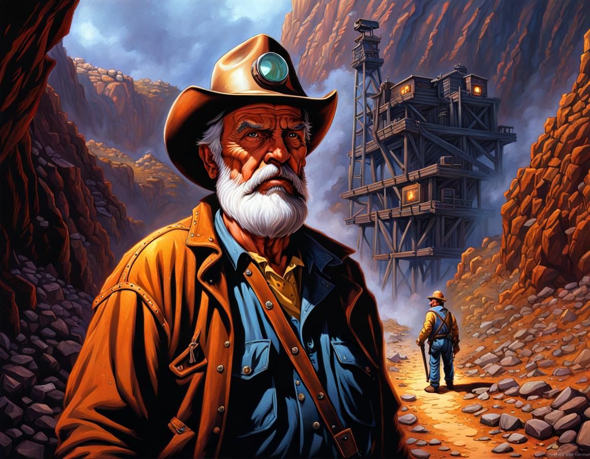 Old miner in Clyde Caldwell style