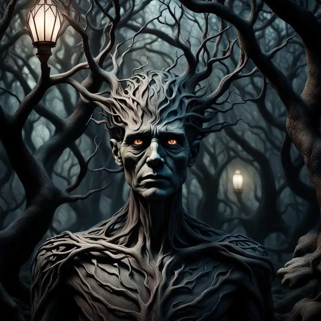 Surreal Portrait in Dark Gothic Garden with Ethereal Glow