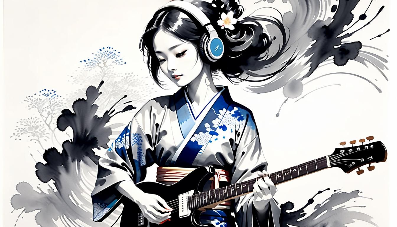 Sumi-e Woman in Kimono Plays Electric Guitar