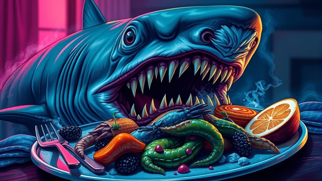 Megalodon Shark Devouring Prey in Fluro-Zombiecore Style