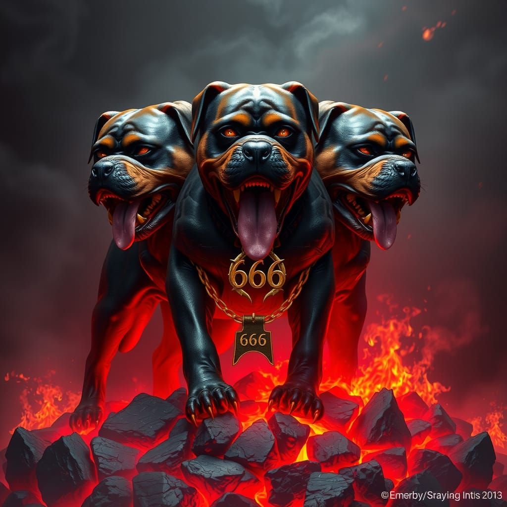 Three-Headed Rottweiler Guardian in Hellscape