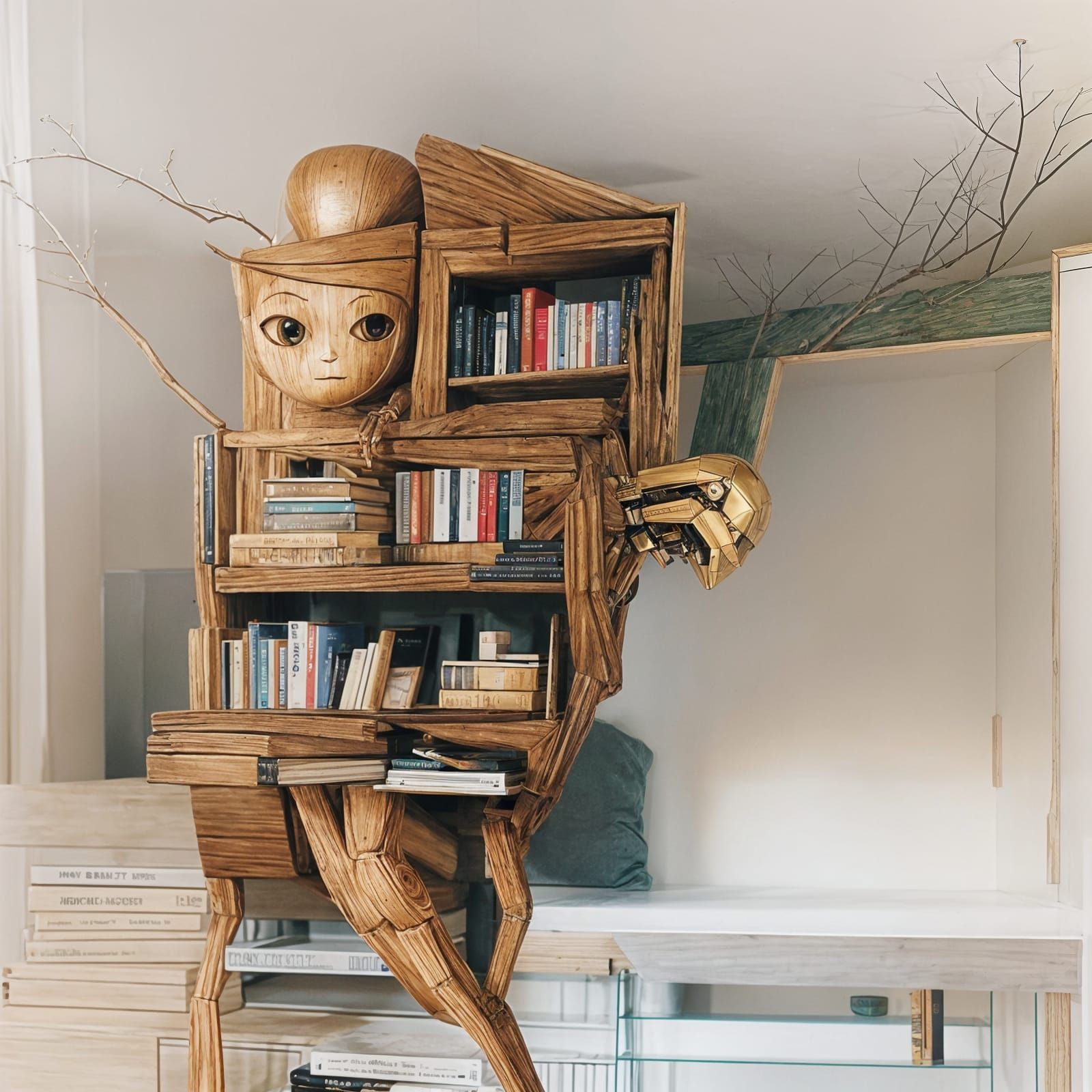 Humanoid Bookcase Adventurer in Elegant Organic Style