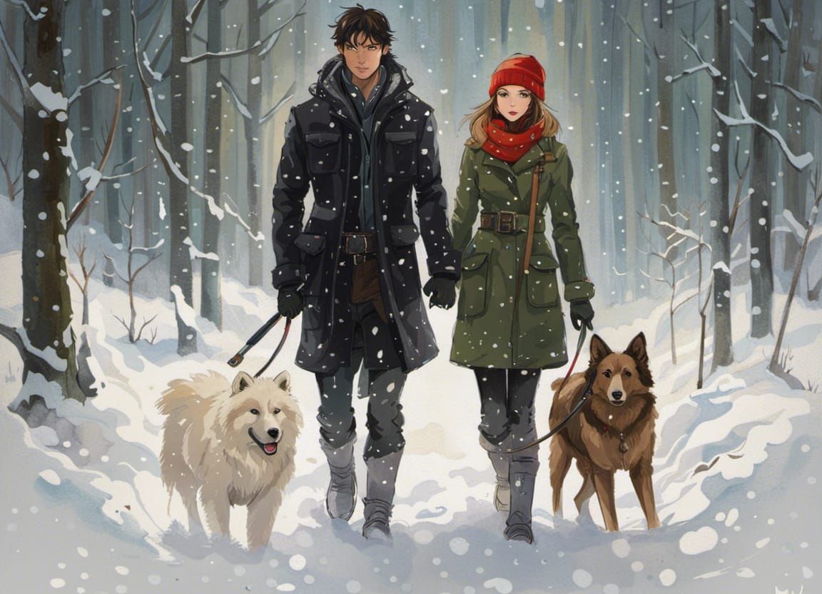 Anime Figures in Snowy Landscape