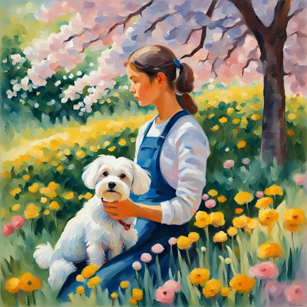 Girl with Maltese Dog in Gouache Watercolor