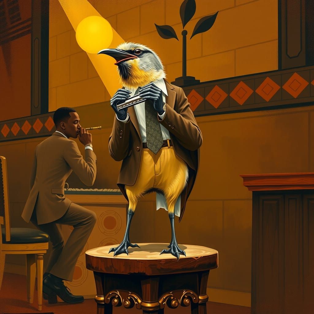 Soulful Whinchat Bird Harmonica Player in Harlem Jazz Club A...