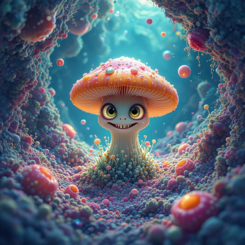 Surreal Microscopic Mushroom with Expressive Eyes