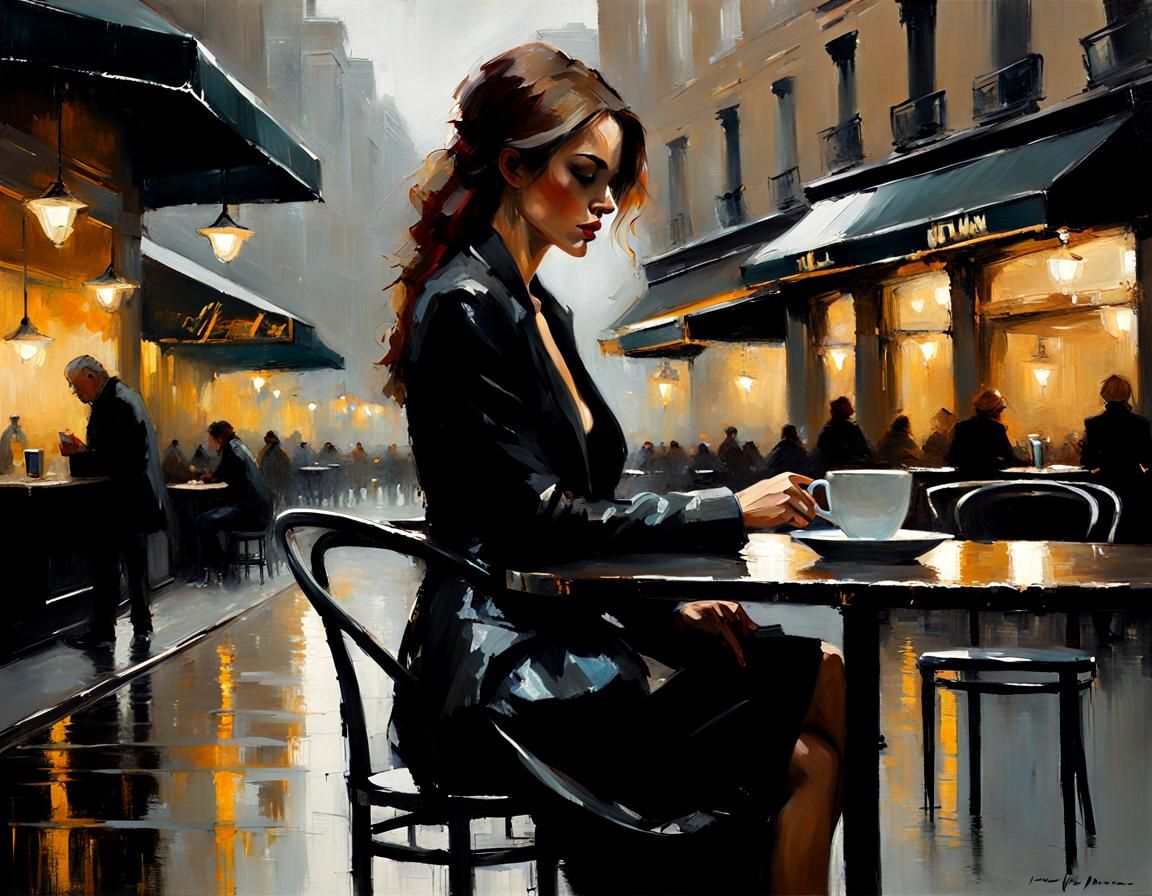 Woman at Cafe: Oil Painting in Jeremy Mann Style