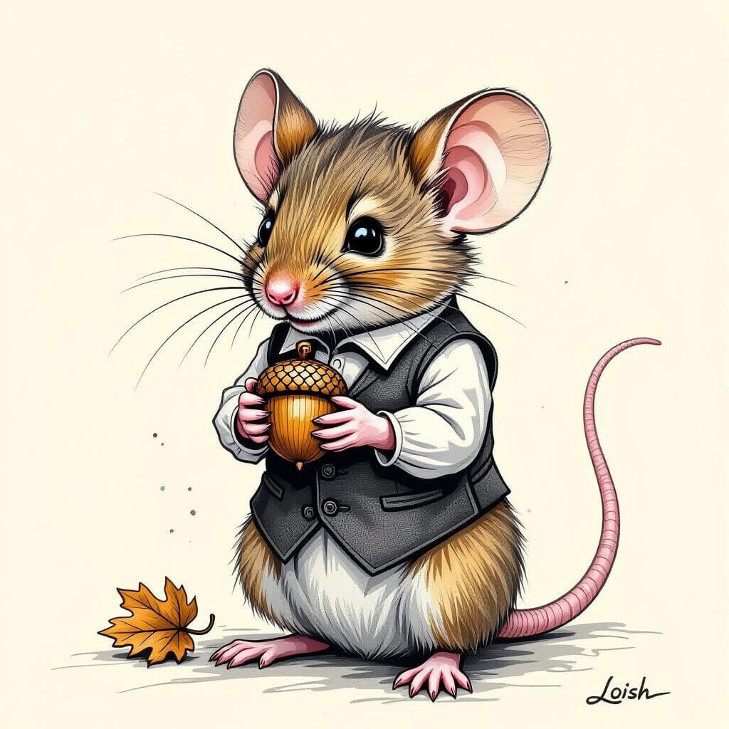 Adorable Mouse in Waistcoat with Acorn, Charcoal Art