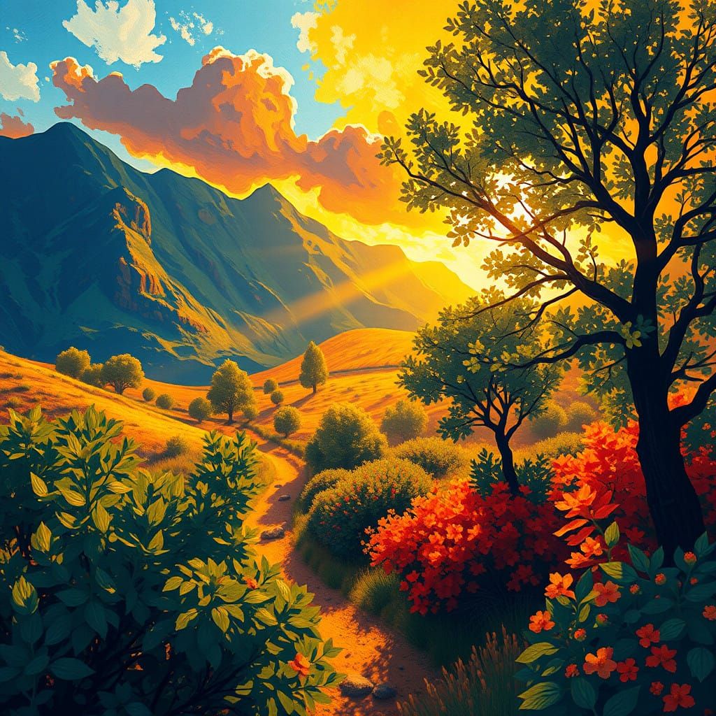 Vibrant Fauvist Landscape with Impasto Textures and Warm Gol...