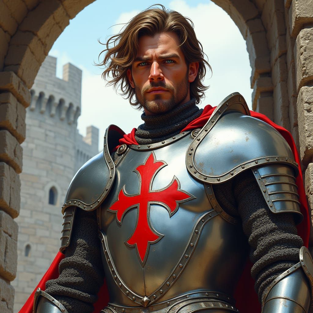 Heroic Paladin with Silver Armor on Castle Wall