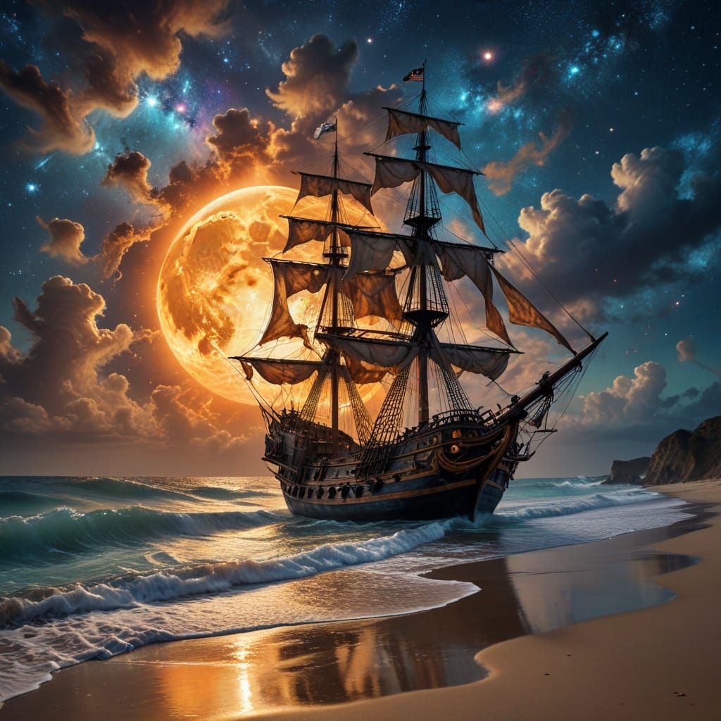 Surreal Pirate Galleon Illuminated by Golden Moonlight