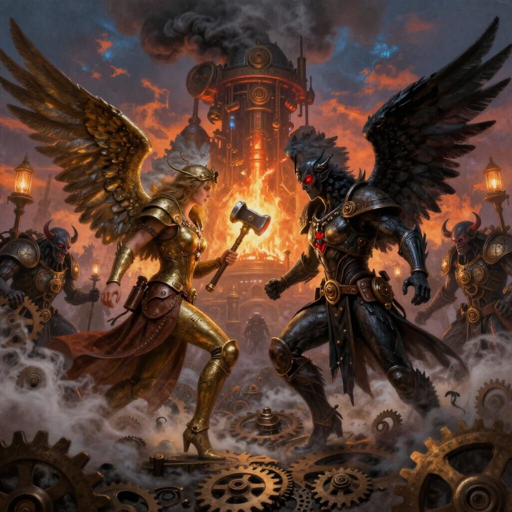 Steampunk Angels Battle in Gear Vortex