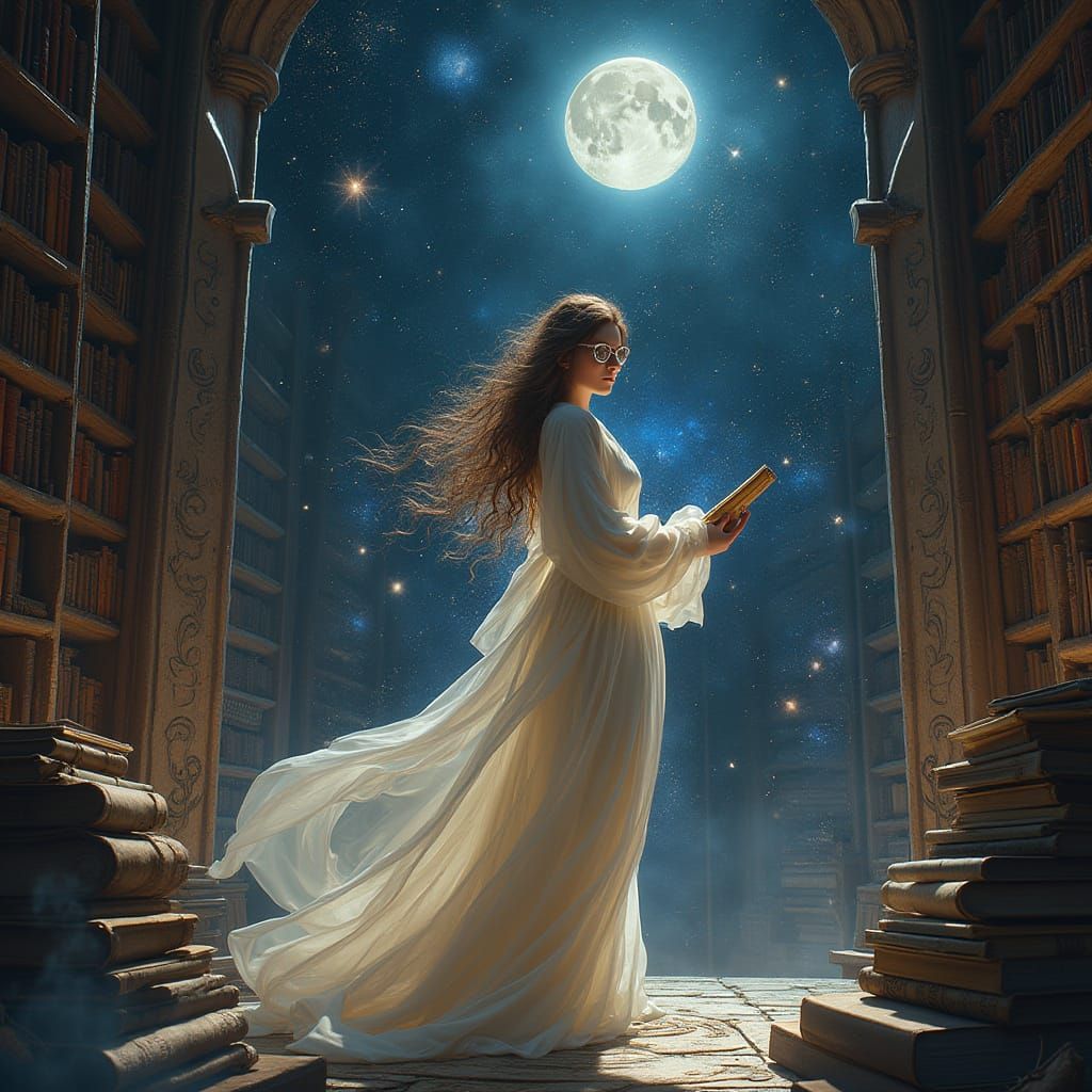 Ethereal Celestial Librarian Among Swirling Galaxies and Anc...