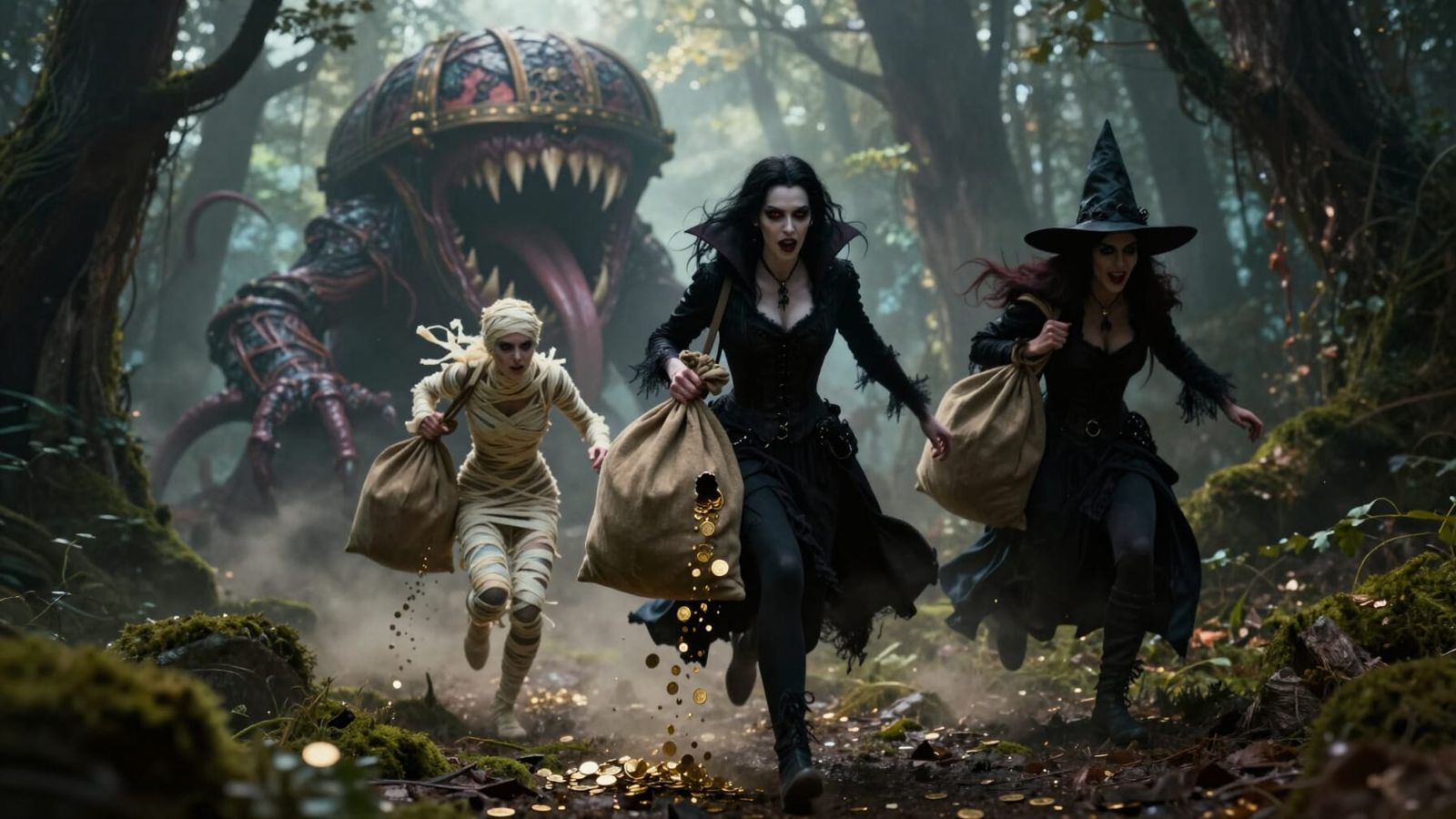 Dark Fantasy Scene: Figures Flee Mimic with Gold