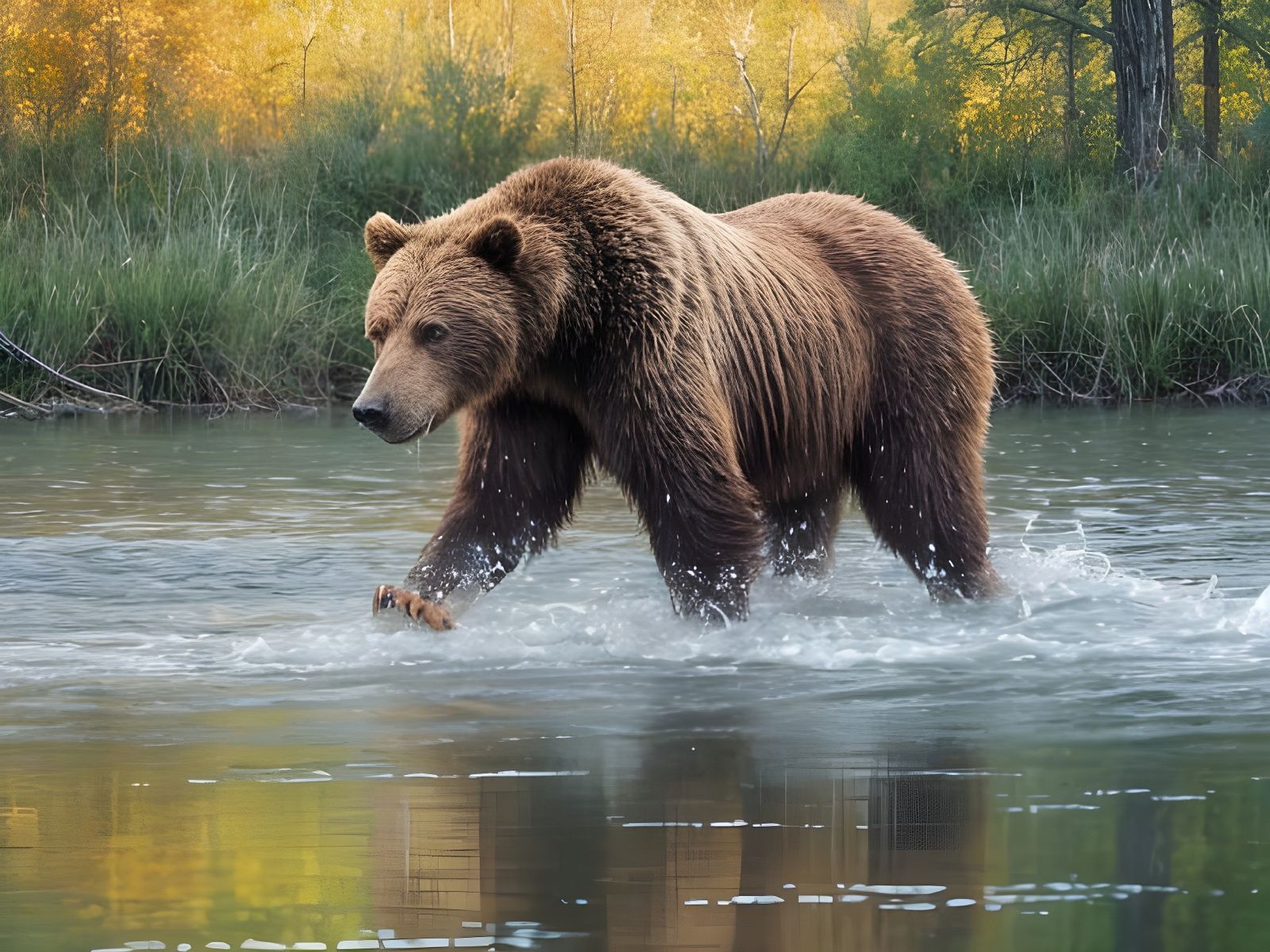 Grizzly Bear Fishing in River