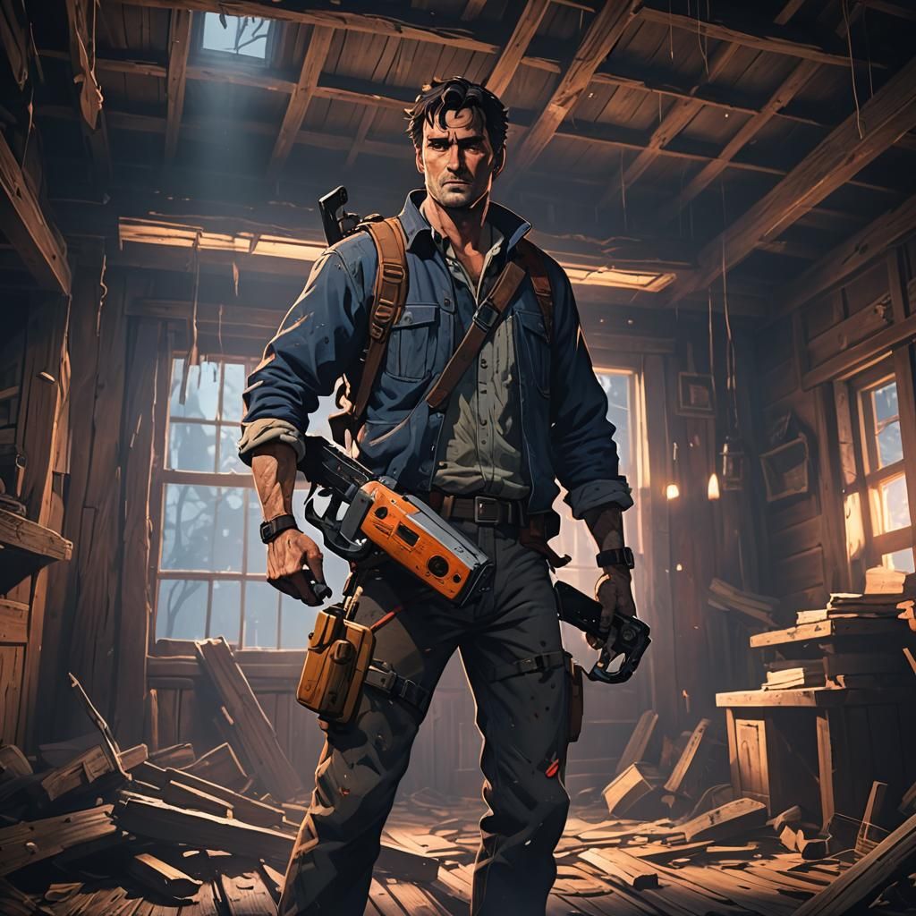 Anime Ash Williams in Abandoned Cabin