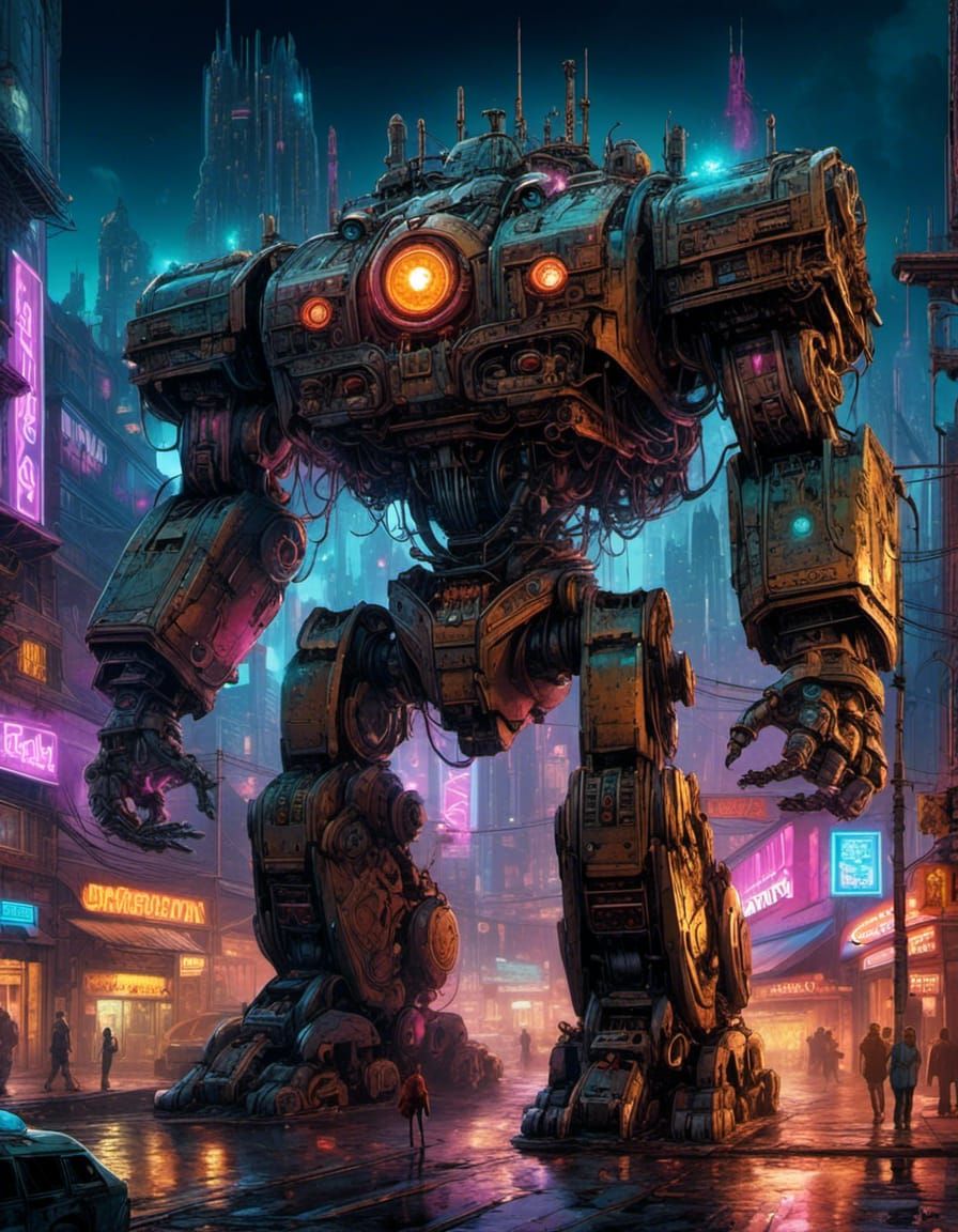 Giant Atompunk Robot Monster Destroys City at Night