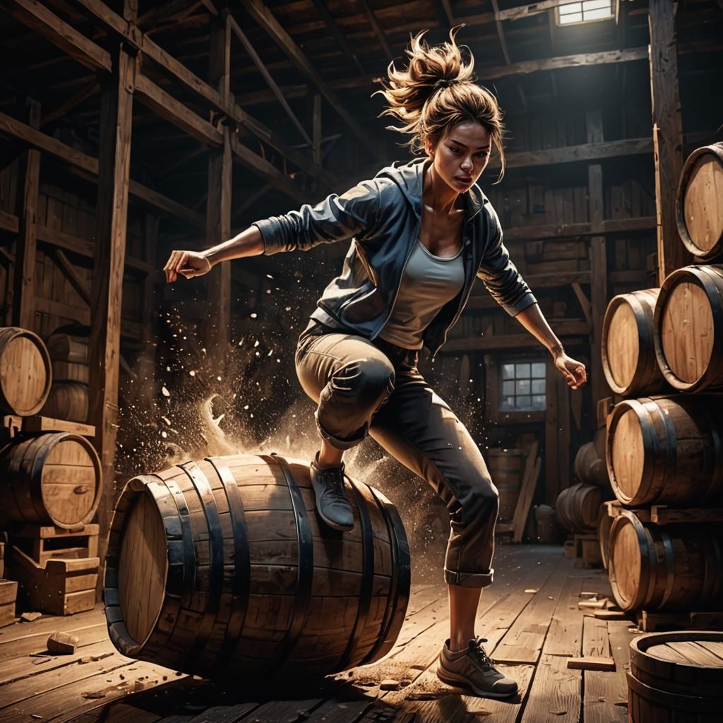 Woman Suplexing Barrel in Warehouse: Digital Illustration