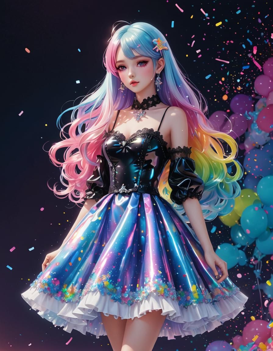 Holographic Iridescent Dress in Anime Style