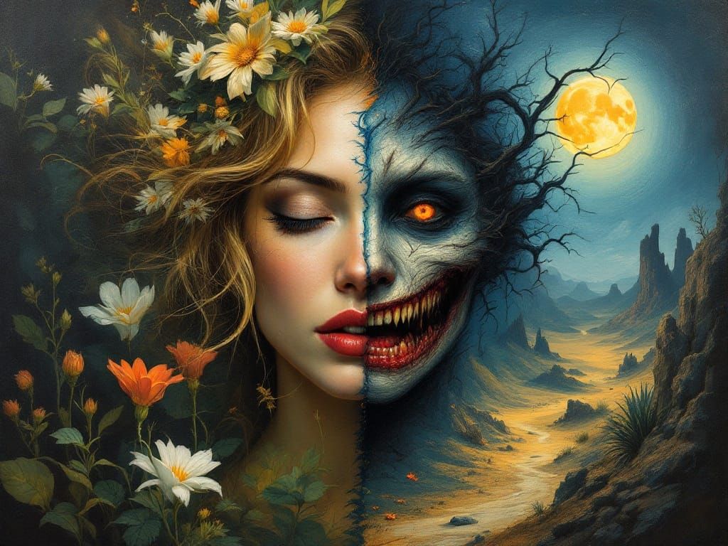 Contrasting Portrait: Serenity and Frenzy in Mixed Media