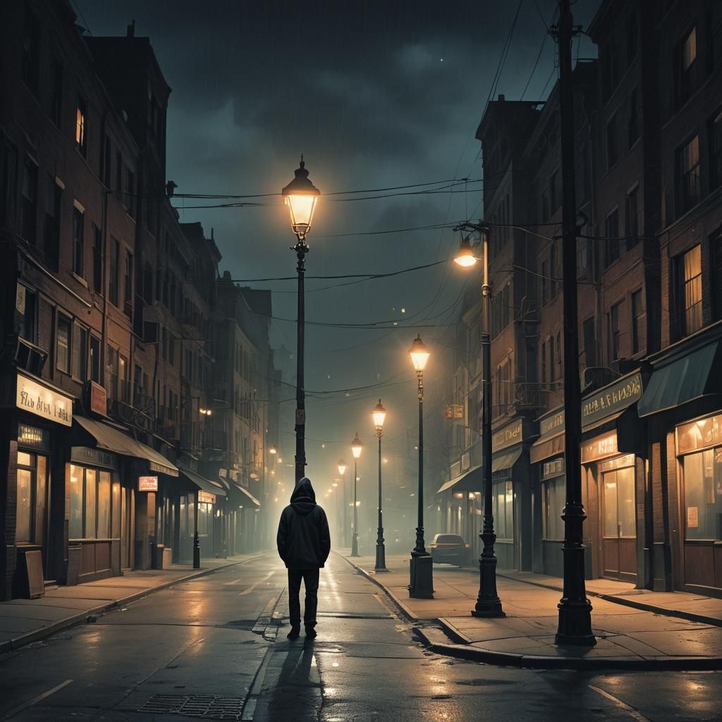 Solitary Figure in Quiet Urban Night: Fantasy Concept Art