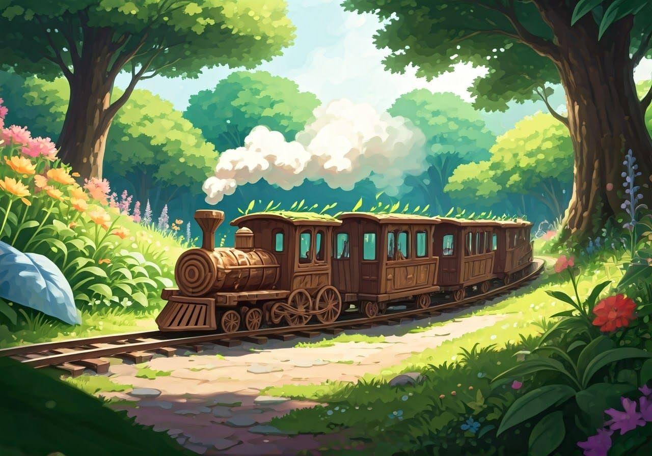 Whimsical Anime Fairy Train in Lush Garden