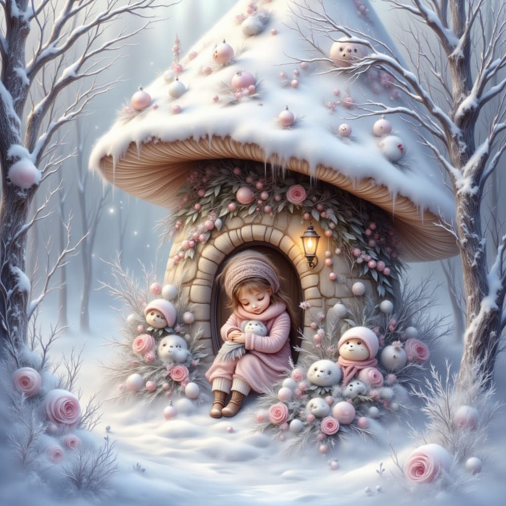 Girl Cradles Fluffy Friend in Snowy Mushroom House