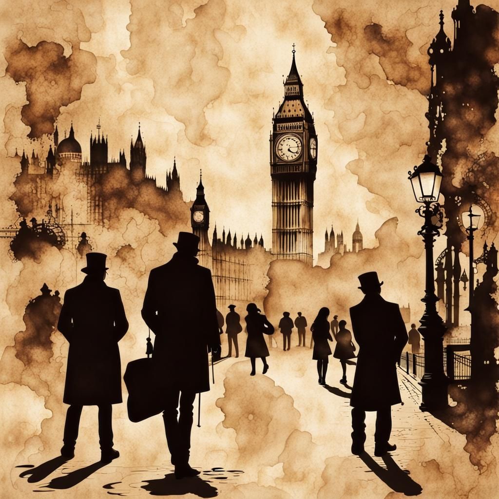 London Sights in Steampunk Ink Painting Style