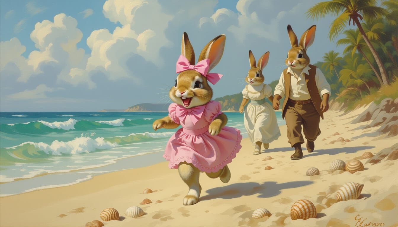 Bunny Family on Beach in Photorealistic Oil Painting
