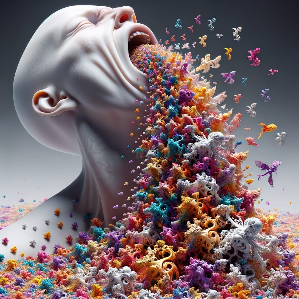 Humanoid Figure Emitting Fractal Animals