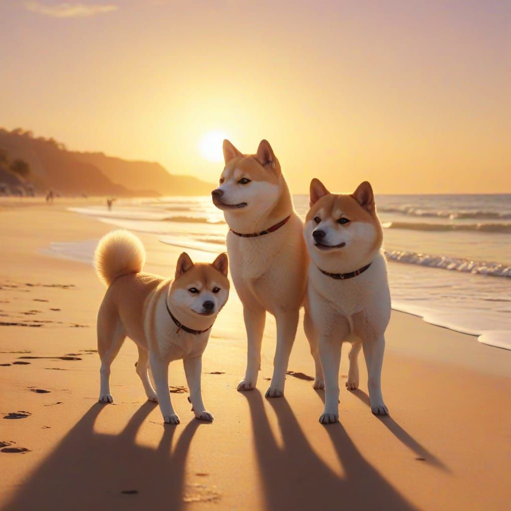 Albino Shiba Inus Stroll on Sunset Beach