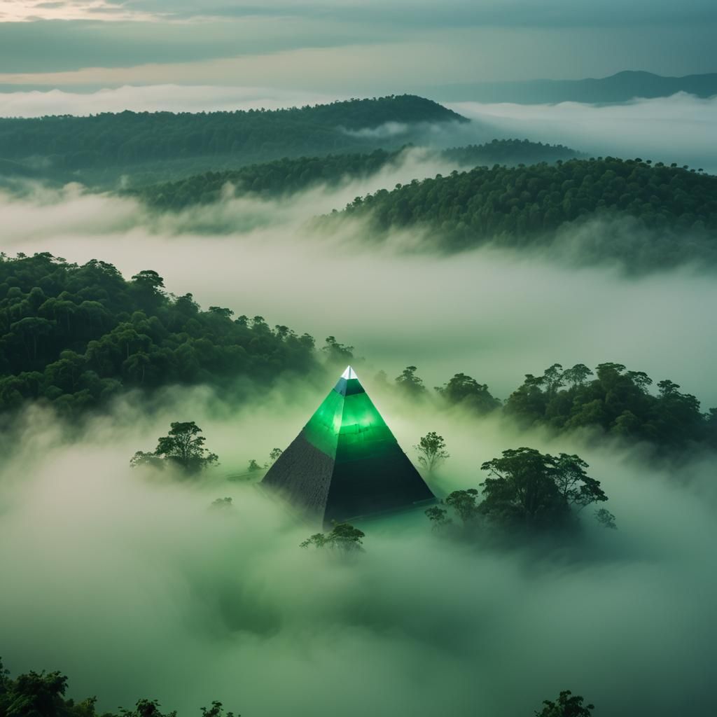 Floating Green Pyramid in Foggy Abyss