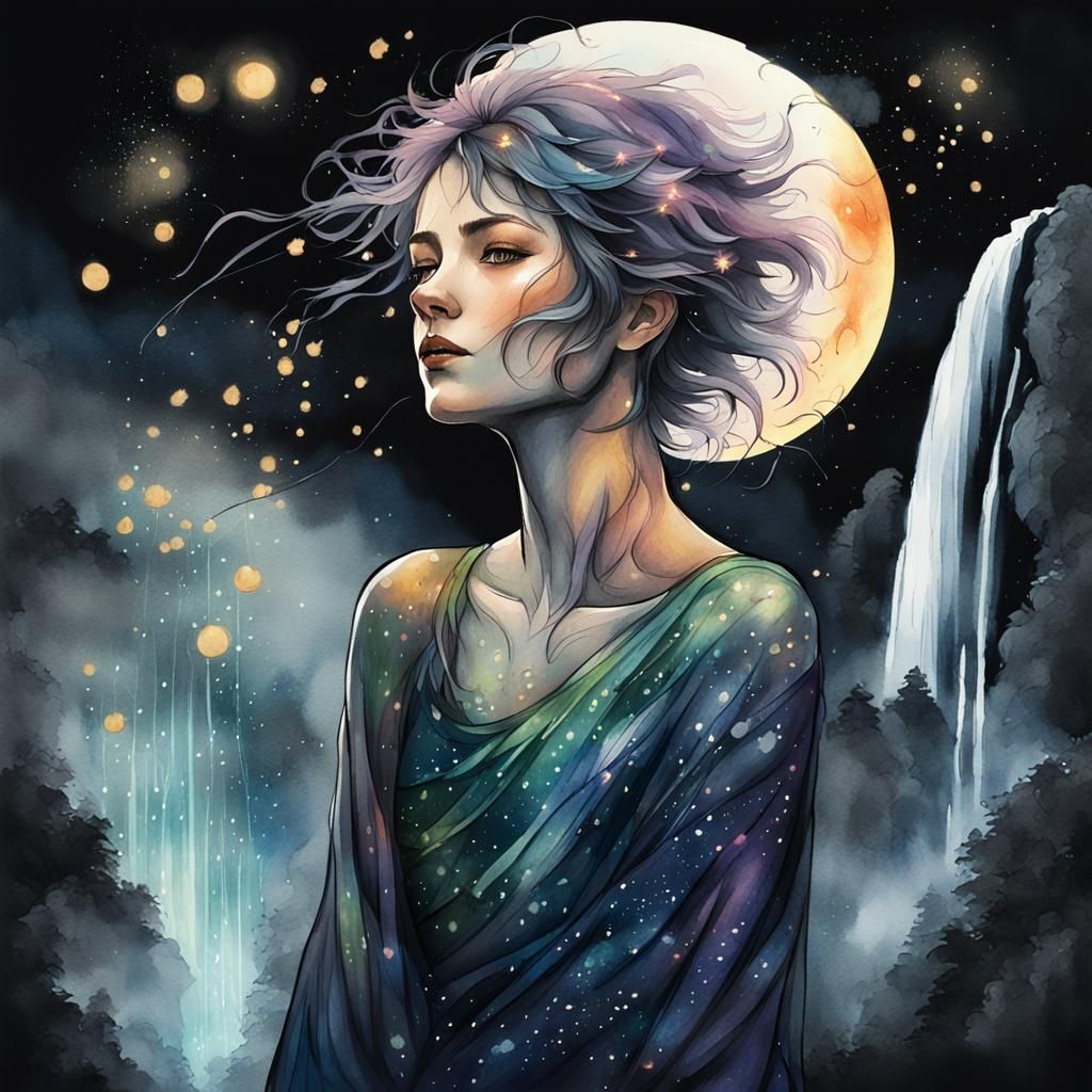 Ethereal Woman Portrait with Waterfall in Digital Art