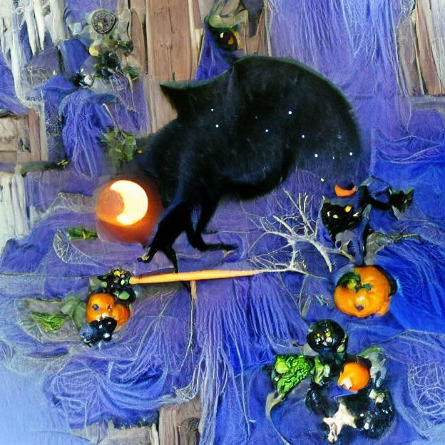Halloween Night Scene with Pumpkins and Black Cat