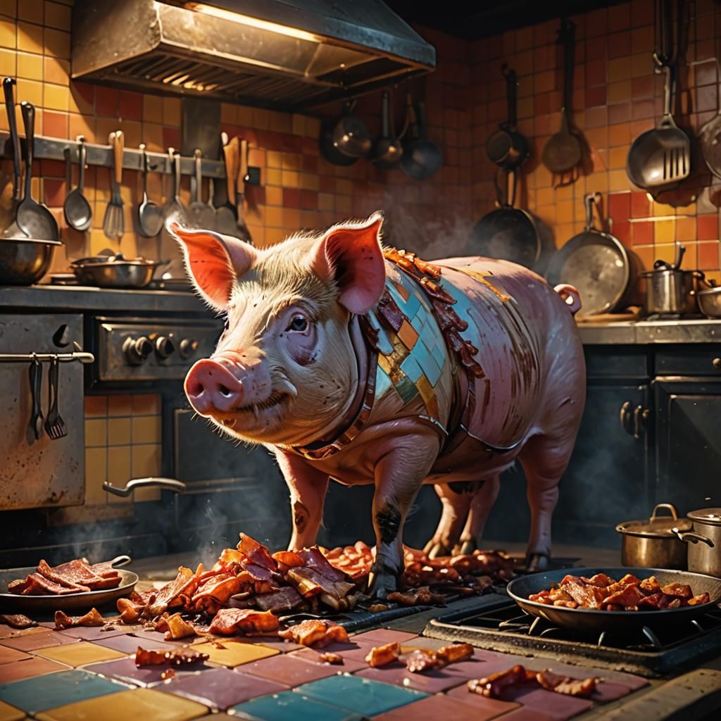 Pig Watches Bacon Cook: Hyperrealistic Pop Art