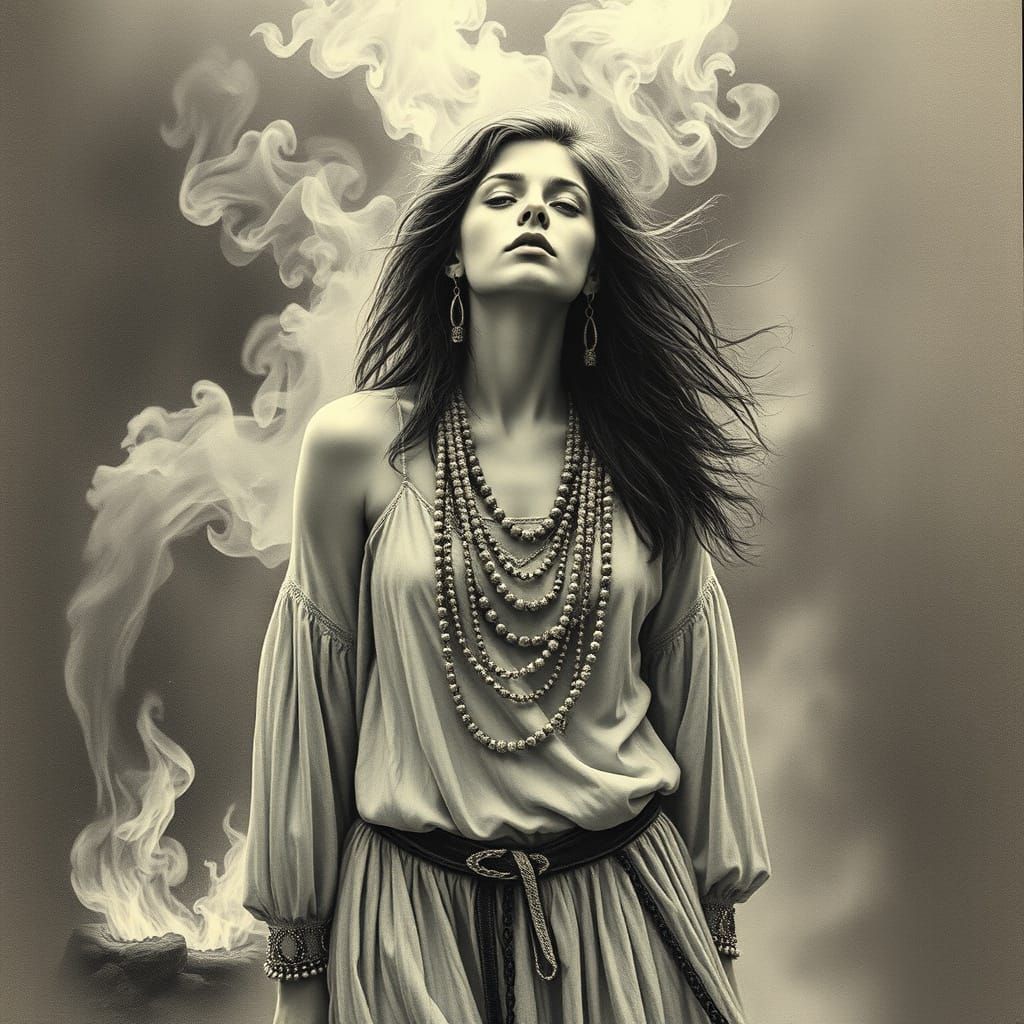 This image captures a serene hippie woman figure emerging from a cloud of smoke and embers, set against a nostalgic blac...