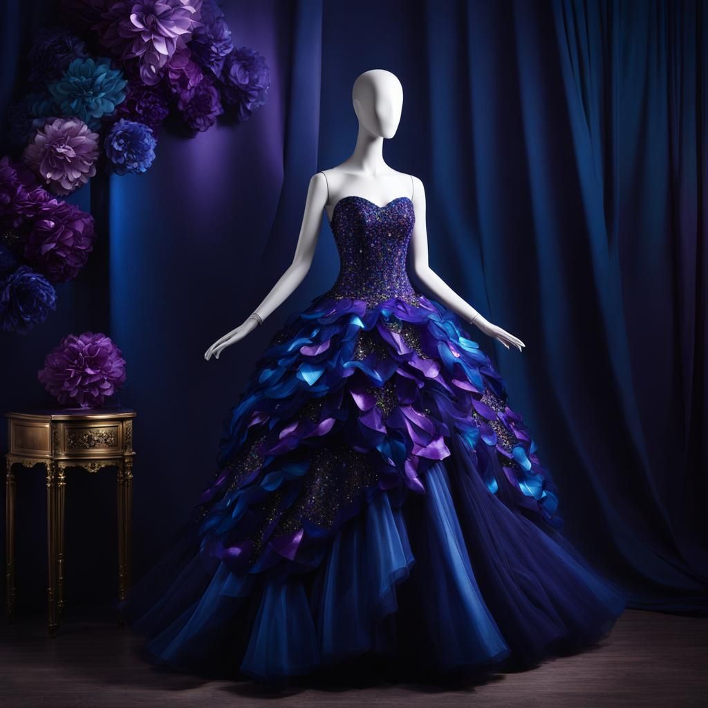 Elegant Indigo Flower Dress on Mannequin