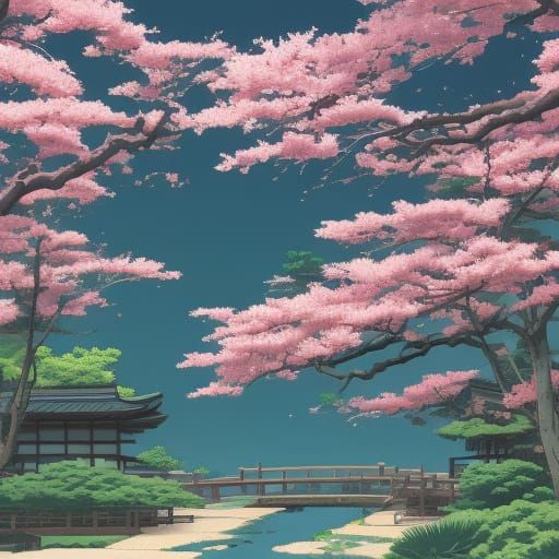 Serene Morning in a Japanese Garden with Blooming Cherry Blo...