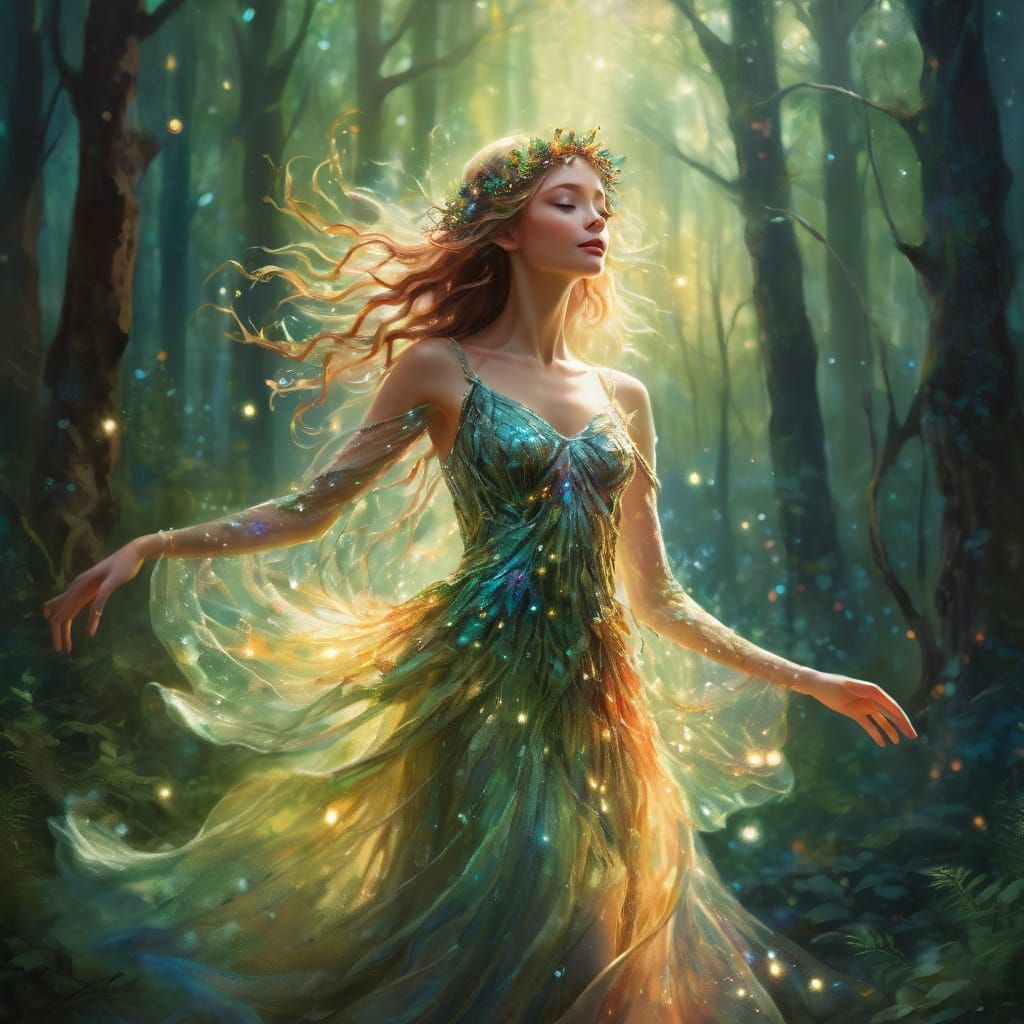 Ethereal Forest Nymph Princess Dances in Whimsical, Dreamy L...