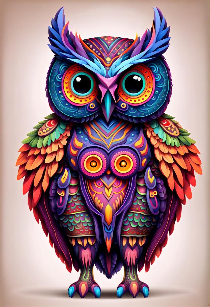 Mythic Owl in Alebrije Style with Neon Glow