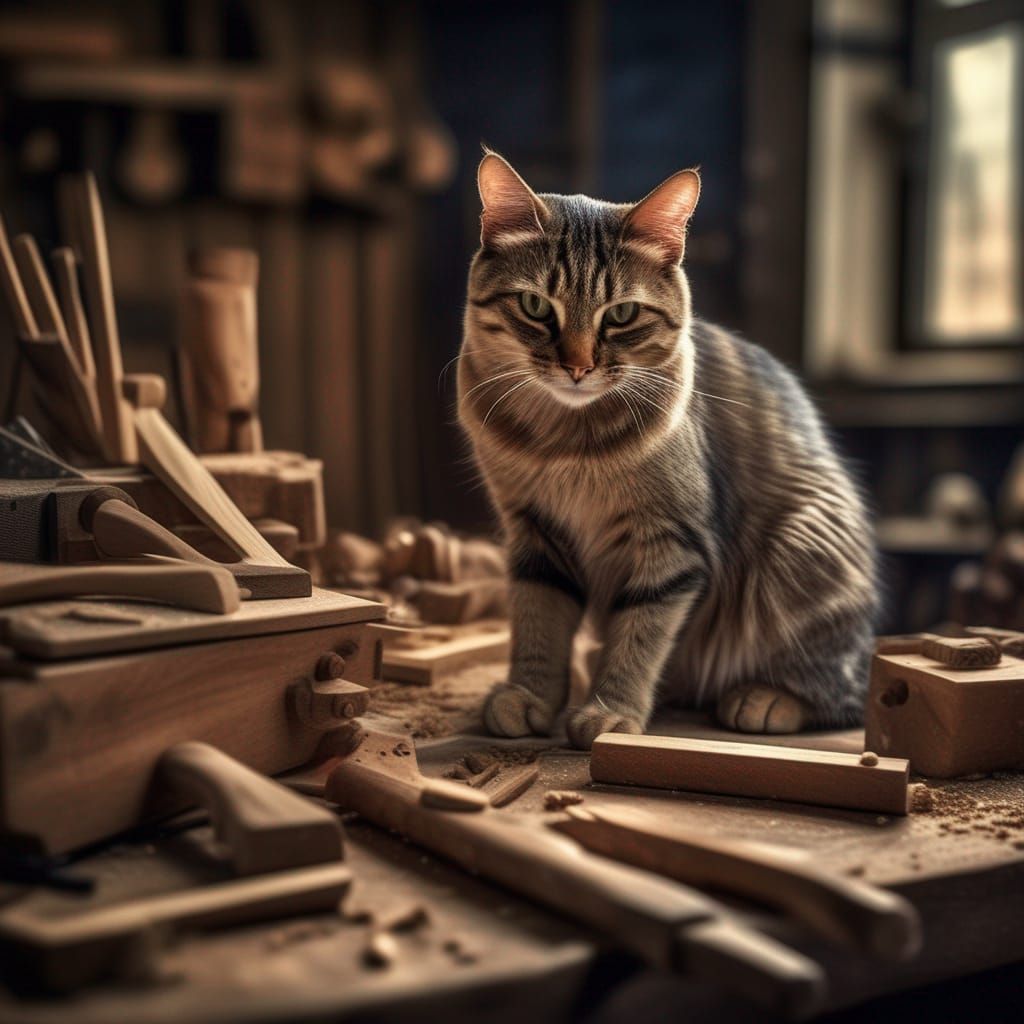 Hyperrealistic Cat Carpenter at Work