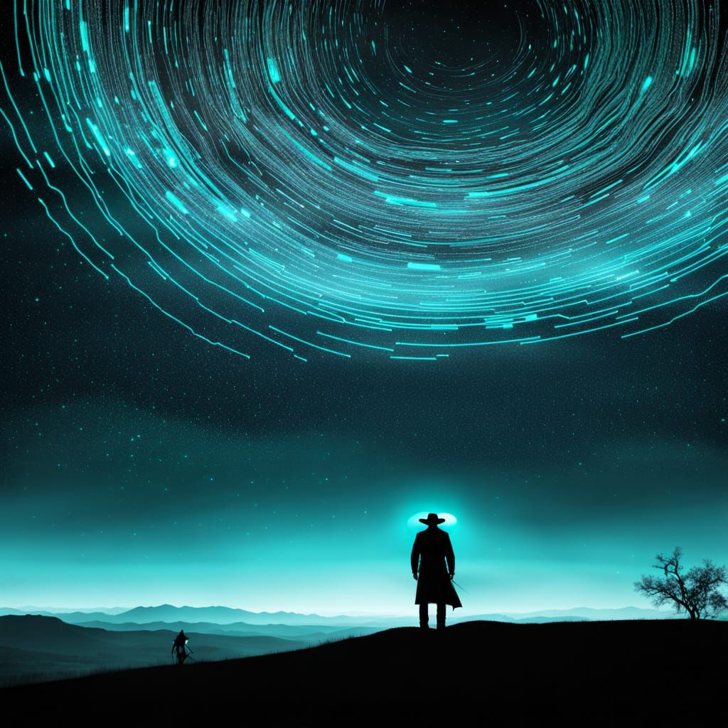 Cowboy Gazes at Cyan Neural Network Sky