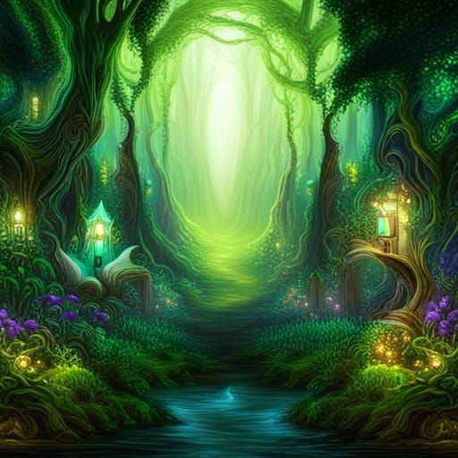 Enchanted Emerald Forest with Fairies in Gothic Art
